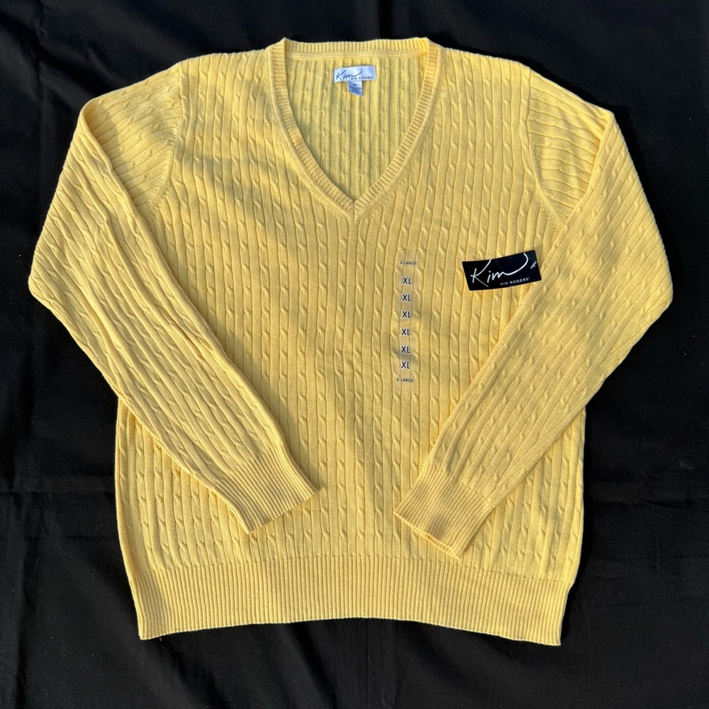 Kim Rodgers Casual Yellow Moo V-Neck Sweater 100% Cotton NWT Size XL